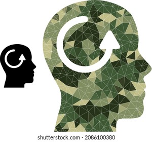 Camouflage polygonal collage remember icon. Lowpoly remember pictogram designed with chaotic camouflage colored triangle parts. Vector remember pictogram designed in camouflage army style.