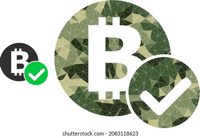 Camouflage polygonal mosaic accept bitcoin icon. Low-poly accept bitcoin icon combined from chaotic camouflage color triangles. Vector accept bitcoin pictogram in camouflage army style.