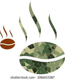 Camouflage polygonal mosaic coffee aroma icon. Lowpoly coffee aroma icon designed of random camouflage filled triangle parts. Vector coffee aroma icon designed in camo army style.