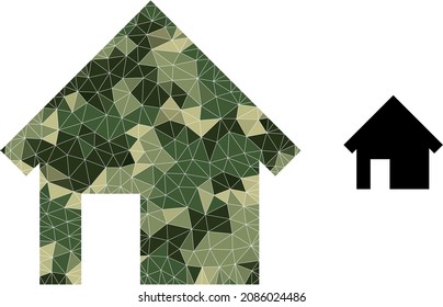 Camouflage polygonal mosaic house icon. Low-poly house pictogram designed with random camouflage filled triangle parts. Vector house pictogram designed in camouflage army style.