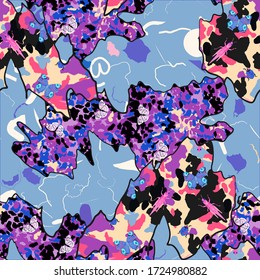 Camouflage print insects. Background illustration of butterflies, grasshoppers, ladybugs. Abstract vector pattern suitable for printing children's prints on textiles, fabrics, clothes, boys, girls.