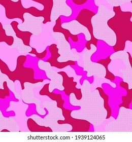 Camouflage print pink seamless graphic backdrop. Creative vector texture. Pink repeated color vector camouflage with dot. Seamless Pattern. 