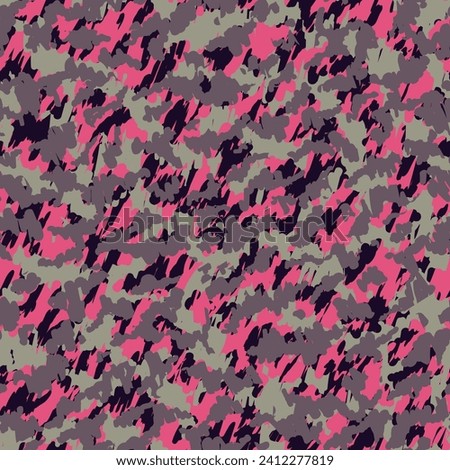 Camouflage Print White  Seamless Pattern. Purple Seamless Urban Graphic Background. Vivid Repeated Exotic Vector Texture. Magenta Repeated Brushed Vector Clouds.