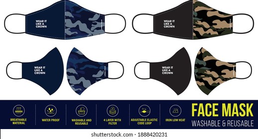 Camouflage Printed Clothing medical Face mask design, Reusable Clothing Face mask design with digital print and Fabric feature details, Washable medical Face mask, Fashionable medical face mask design