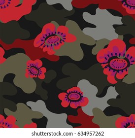 Camouflage with red flower and dot.
camouflage for printed on the product.
seamless floral camouflage graphic for digital print
seamless vector flower camouflage pattern.