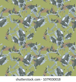 Camouflage repeat seamless pattern. Green background with grey, blue, brown dots. Vector illustration, backdrop, wallpaper, cloth print