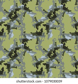 Camouflage repeat seamless pattern. Green background with grey, blue dots. Vector illustration, backdrop, wallpaper, cloth print