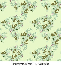 Camouflage repeat seamless pattern. Light green background with green,  violet, mint dots. Vector illustration, backdrop, wallpaper, cloth print
