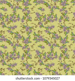 Camouflage repeat seamless pattern. Yellow background with green, pink, violet, brown dots. Vector illustration, backdrop, wallpaper, cloth print
