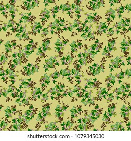 Camouflage repeat seamless pattern. Yellow background with green, brown, violet dots. Vector illustration, backdrop, wallpaper, cloth print