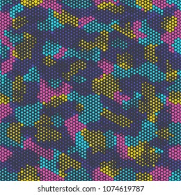 Camouflage seamless fashion pattern. Abstract urban colorful hexagon style. Seamless pattern for party, dress, shirt, children fashion cloth textile. Colorful modern style Vector honeycomb texture