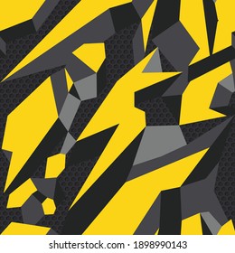 
Camouflage seamless geometric pattern. Abstract racing background of yellow shapes on a dark background. Decal and vinyl print. Vector illustration