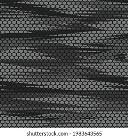 Camouflage nahtlose geometrische Muster. Abstrakter Camo aus Linien und sechseckigen Elementen. Druck auf Stoff und Textilien. Vektorgrafik