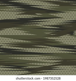 Camouflage seamless geometric pattern. Abstract camo from lines and hexagonal elements. Print on fabric and textiles. Vector illustration