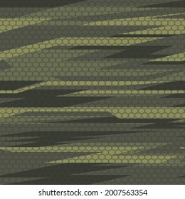 Camouflage seamless geometric pattern. Abstract camo from lines and hexagonal elements. Endless texture for fabric. Vector illustration