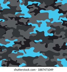 Camouflage seamless pattern. Abstract background of dark and blue spots. Fabric print. Vector