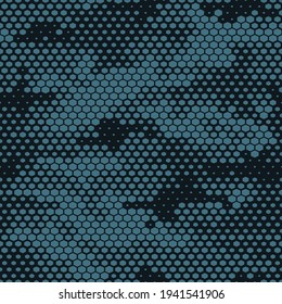 Camouflage seamless pattern. Abstract camo from blue spots on a dark background. Digital texture. Print on fabric on textiles. Vector graphics