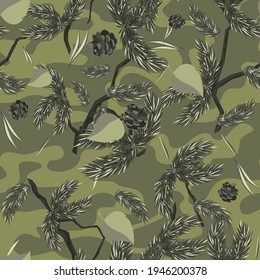 Camouflage seamless pattern. Abstract camo from leaves on a green background. Endless camo of plants and spots. Print on fabric for textile for hunting and fishing. Vector illustration