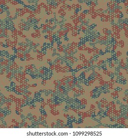 Camouflage seamless pattern. Abstract military fashion colorful urban hexagon style. Seamless pattern for army, navy, hunting, fashion cloth textile. Colorful modern style Vector honeycomb texture