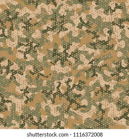 Camouflage seamless pattern. Abstract military fashion colorful urban hexagon style. Seamless pattern for army, navy, hunting, fashion cloth textile. Colorful modern style Vector honeycomb texture