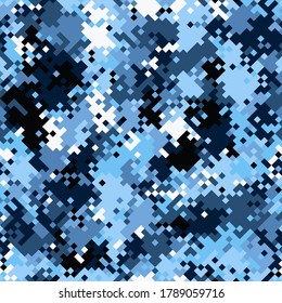 Camouflage seamless pattern. Abstract modern pixel swarm vector military backgound. Blue water army fabric textile print tamplate.
