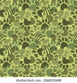 Camouflage seamless pattern with animal paw prints and claws scratches. Dog or cat hand drawn paw print background.