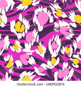 Camouflage seamless pattern with animal texture. Sophisticated leopard skin spots fur with zebra stripes skin background. Animal stripes pattern. Good for fabric, textile, sportswear, wrapper.