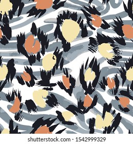 Camouflage seamless pattern with animal texture. Sophisticated leopard skin spots fur with zebra stripes skin background. Animal stripes pattern. Good for fabric, textile, sportswear, wrapper.