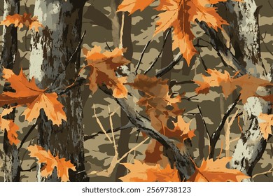 Camouflage seamless pattern. Army hunting camouflage background.  Forest real tree camouflage design. Winter hunting camouflage. Digital camo