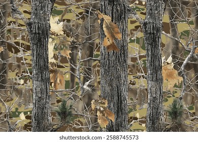 Camouflage seamless pattern. Army hunting camouflage background. Forest real tree camouflage design. Winter hunting camouflage. Digital camo