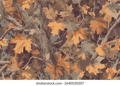 Camouflage seamless pattern. Army hunting camouflage background. Forest real tree camouflage design. Winter hunting camouflage. Digital camo