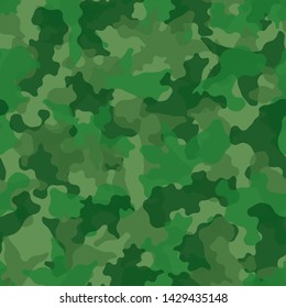 Camouflage seamless pattern background. Classic clothing style masking camo repeat print. Green and olive colors forest texture. Design element vector illustration.