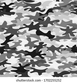 Camouflage seamless pattern background. Classic clothing style masking camo repeat print. Black grey white colors winter ice texture. Design element. Vector illustration.