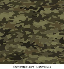 Camouflage seamless pattern background. Classic clothing style masking camo repeat print. Green brown olive colors forest texture. Vector illustration.