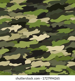 Camouflage nahtloser Muster Hintergrund. Die klassische Kleidung Masking Camo wiederholen Druck. Grüne und olivfarbene Waldstruktur. Darstellung des Designelements in Vektoren