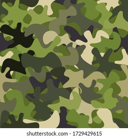 Camouflage seamless pattern background. Classic clothing style masking camo repeat print. Green and olive colors forest texture. Design element vector illustration.