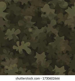 Camouflage seamless pattern background. Classic clothing style masking camo repeat print. Green brown olive colors forest texture. Vector illustration.