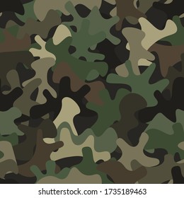 Camouflage seamless pattern background. Classic clothing style masking camo repeat print. Green brown olive colors forest texture. Vector illustration.