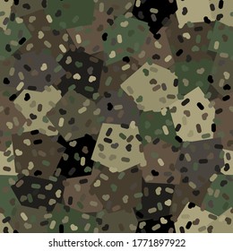 Camouflage seamless pattern background. Classic clothing style masking camo repeat print. Green and olive colors army field and forest texture. Design element vector illustration.