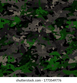 Camouflage seamless pattern background. Classic clothing style masking camo repeat print. Green brown olive colors forest texture. Vector illustration.