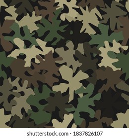 Camouflage seamless pattern background. Classic clothing style masking camo repeat print. Green brown olive colors forest texture. Vector illustration.
