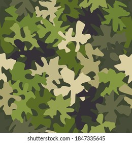 Camouflage seamless pattern background. Classic clothing style masking camo repeat print. Green and olive colors forest texture. Design element vector illustration.