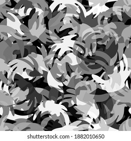 Camouflage seamless pattern background. Classic clothing style masking camo repeat print. Monochrome grey white colors winter ice texture. Vector design element backdrop.