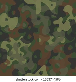 Camouflage seamless pattern background. Classic clothing style masking camo repeat print. Green brown olive colors forest texture. Vector illustration.