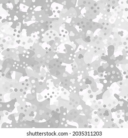Camouflage seamless pattern background. Classic clothing style masking camo repeat print. Monochrome grey white colors winter ice texture. Vector design element backdrop.