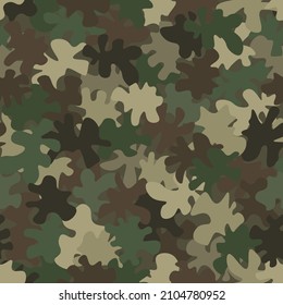 Camouflage seamless pattern background. Classic clothing style masking camo repeat print. Green brown olive colors forest texture. Vector illustration.