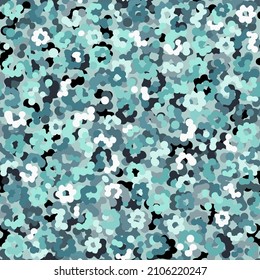 Camouflage seamless pattern background. Classic winter partisan clothing style masking camo repeat print. Skyblue and teal colors army field and urban texture. Design element vector illustration.