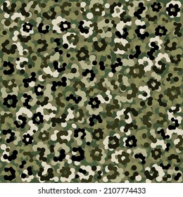 Camouflage seamless pattern background. Classic woodland partisan clothing style masking camo repeat print. Olive and tan colors army field and forest texture. Design element vector illustration.