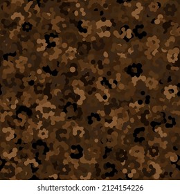 Camouflage seamless pattern background. Classic desert partisan clothing style masking camo repeat print. Choco brown colors army field and forest texture. Design element vector illustration