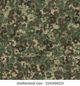 Camouflage seamless pattern background. Classic autumn partisan clothing style masking camo repeat print. Olive and tan colors army field and forest texture. Design element vector illustration.